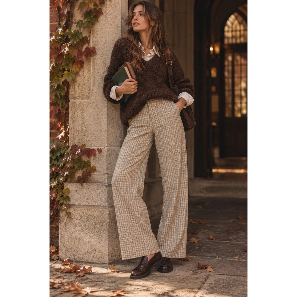 Volcom Women's Size 25 Beige Plaid Wide Leg Trousers Pants High Waist